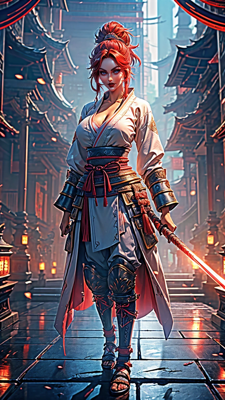 soft lighting, highest details, best quality, Samurai girl, ( a pretty girl, 20 year old ), wear samurai clothes, ( nice body shape, sport body ), midnight jungle, red hair, blue eyes,( Full body view ), standing, ( huge breast : 1.5).