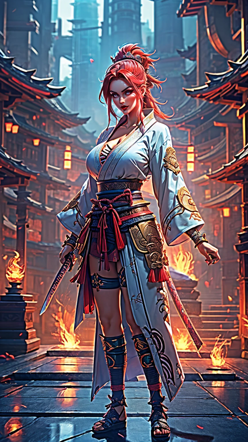 soft lighting, highest details, best quality, Samurai girl, ( a pretty girl, 20 year old ), wear samurai clothes, ( nice body shape, sport body ), midnight jungle, red hair, blue eyes,( Full body view ), standing, ( huge breast : 1.5).