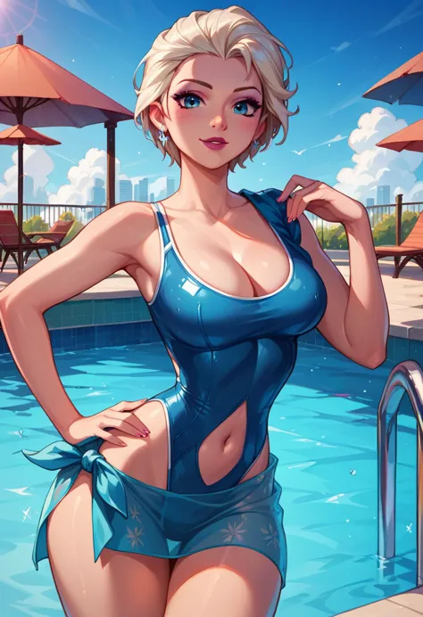 score_9, score_8_up, score_7_up, score_6_up, elsa, short hair, (cute one-piece swimsuit, high waist, cutout, navel, cleavage:1.2...