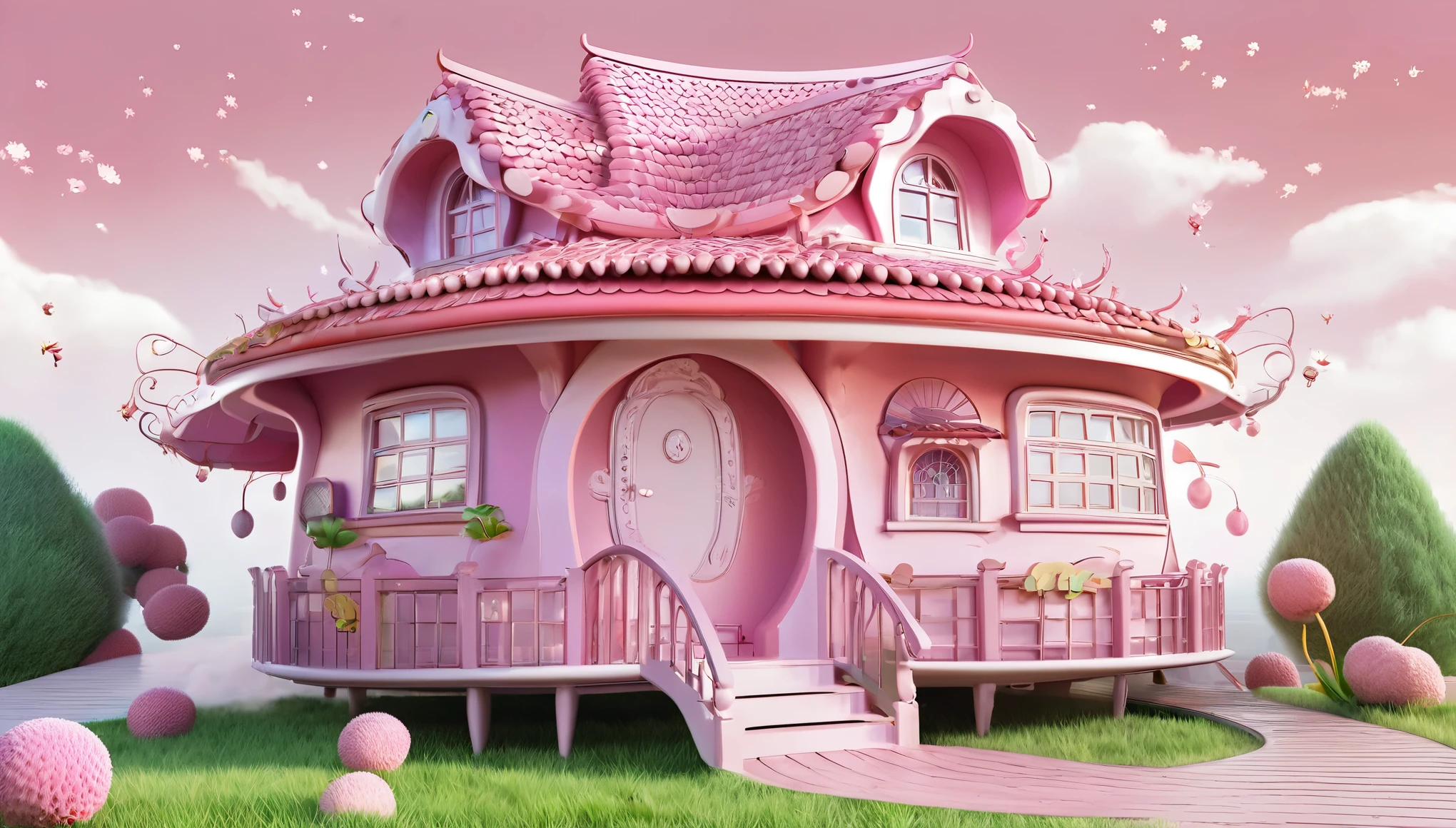 A lychee-shaped house，Super big and cute，Pink，Cartoon，3d,Disney animation style，panoramic，Super Fine，Ultra Detail，Ultra HD