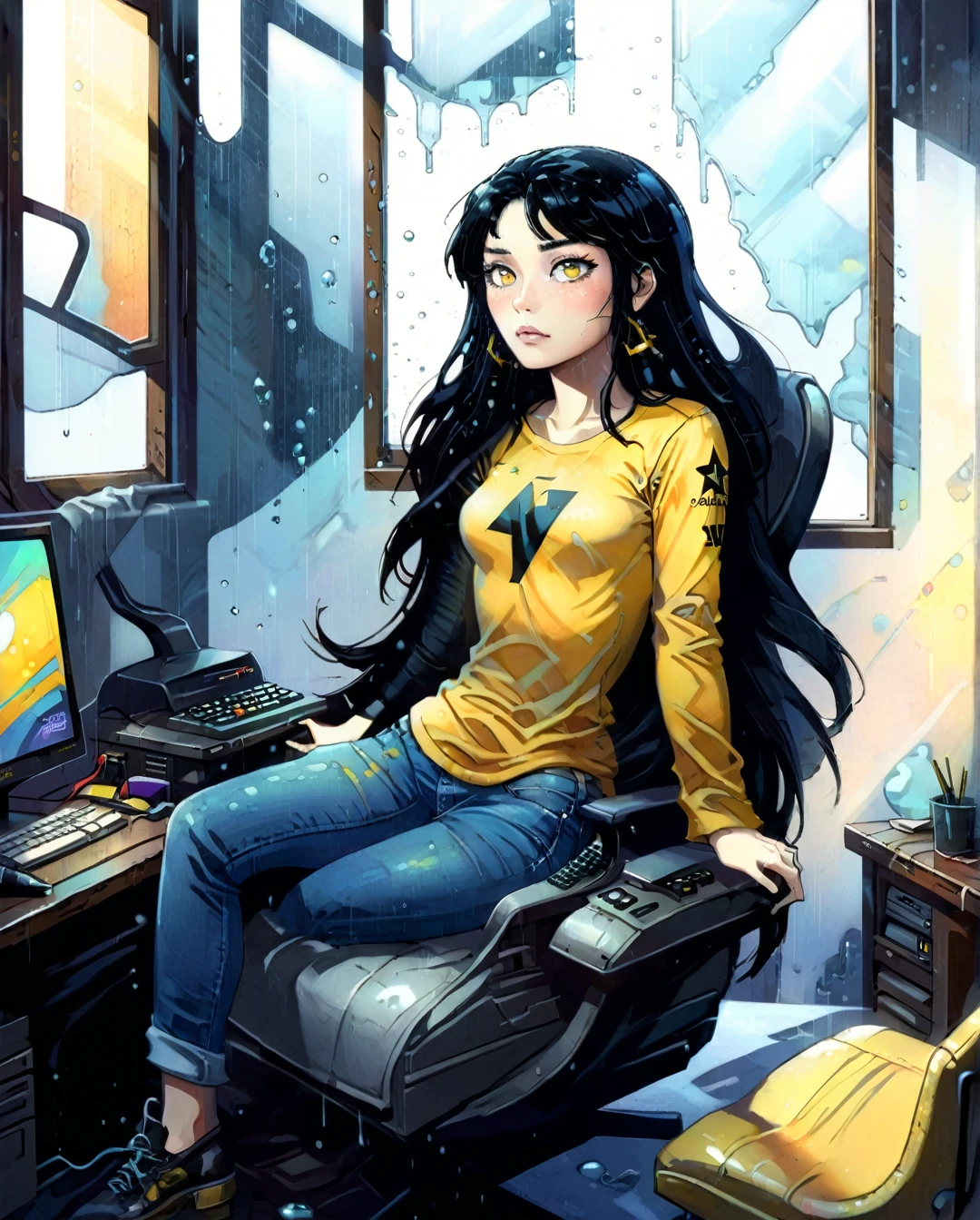 Anime-style digital illustration with a female character with long black hair. She has light skin and impressive golden eyes. Looking closely at the computer, the character wears a long-sleeved T-shirt and a pair of jeans and is sitting in his gamer chair in his room well decorated with retro references and a window with its wet rain glass