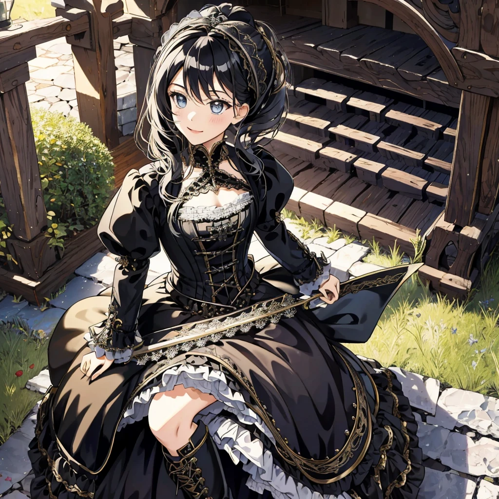 A woman wearing a dress and boots is standing in front of a building, baroque dress, Detailed steampunk dress, Elegant Gothic Princess, Victorian Gothic Lolita Fashion, 歴史的なbaroque dressダーク, Black Gothic Lolita Dress, Fantasy style clothing, Rococo Dress, Black Rococo, Classic witch, Fantasy Costume, wearing a Gothic Dress, romantic dress, Gothic Dress, sit, Spread your legs, Looking from directly below, Drawers, underwear