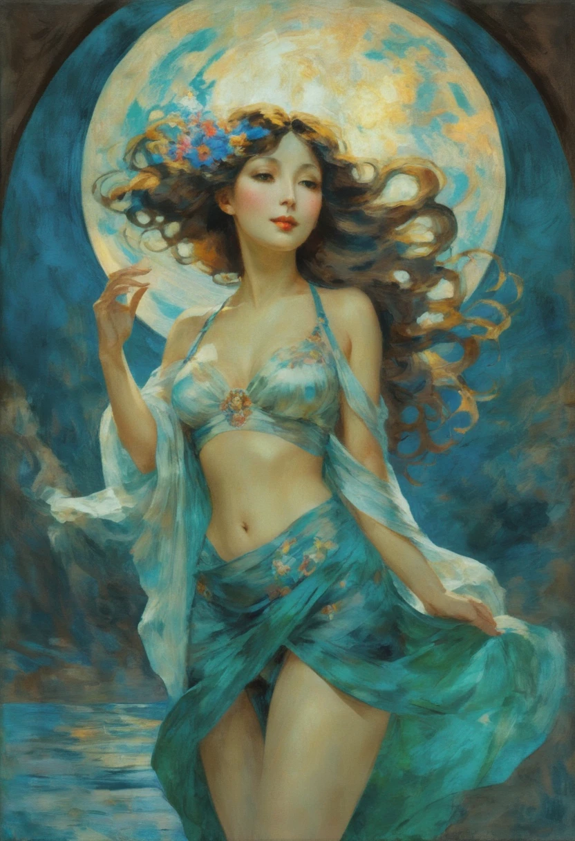 Mucha: A woman with flowing hair and flowing floral drapery, her body adorned with intricate Art Nouveau patterns, illuminated by moonlight.  oil painting,  cleavage, short skirt