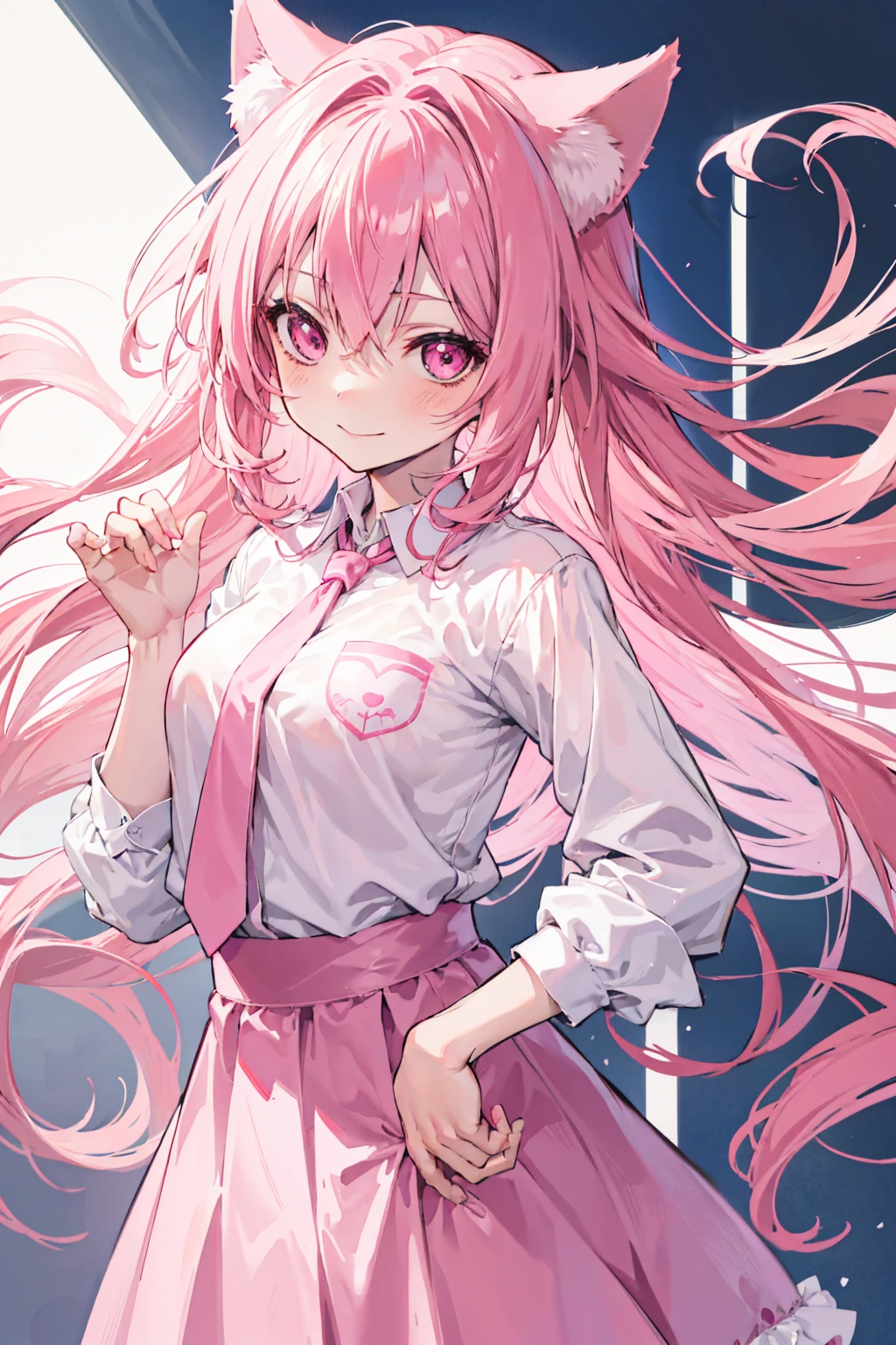 "Anime Girls, 1 person, Pink Hair, Pink cat ears, Pink Eyes, Women's shirts, tie, Women&#39;s Black Off-the-Shoulder Jacket, Colored Skirt Black,She smiled brightly., Confident expression,Mid-chest,View from different directions,whole body (Full HD 4K+ image)"