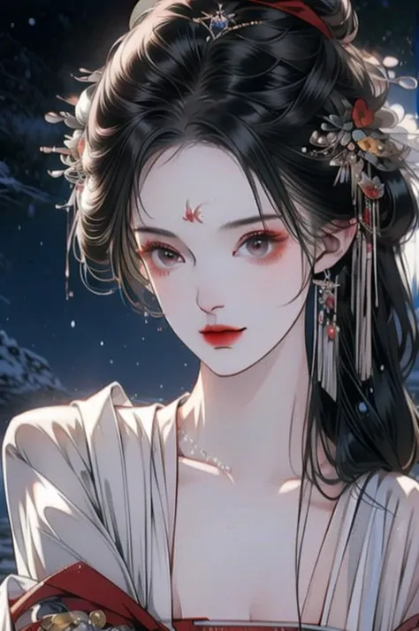 black hair, immortal cultivation, royal sister, white robe, hime cut, hair scrunchie, romanticism, gothic art, ray tracing, cine...