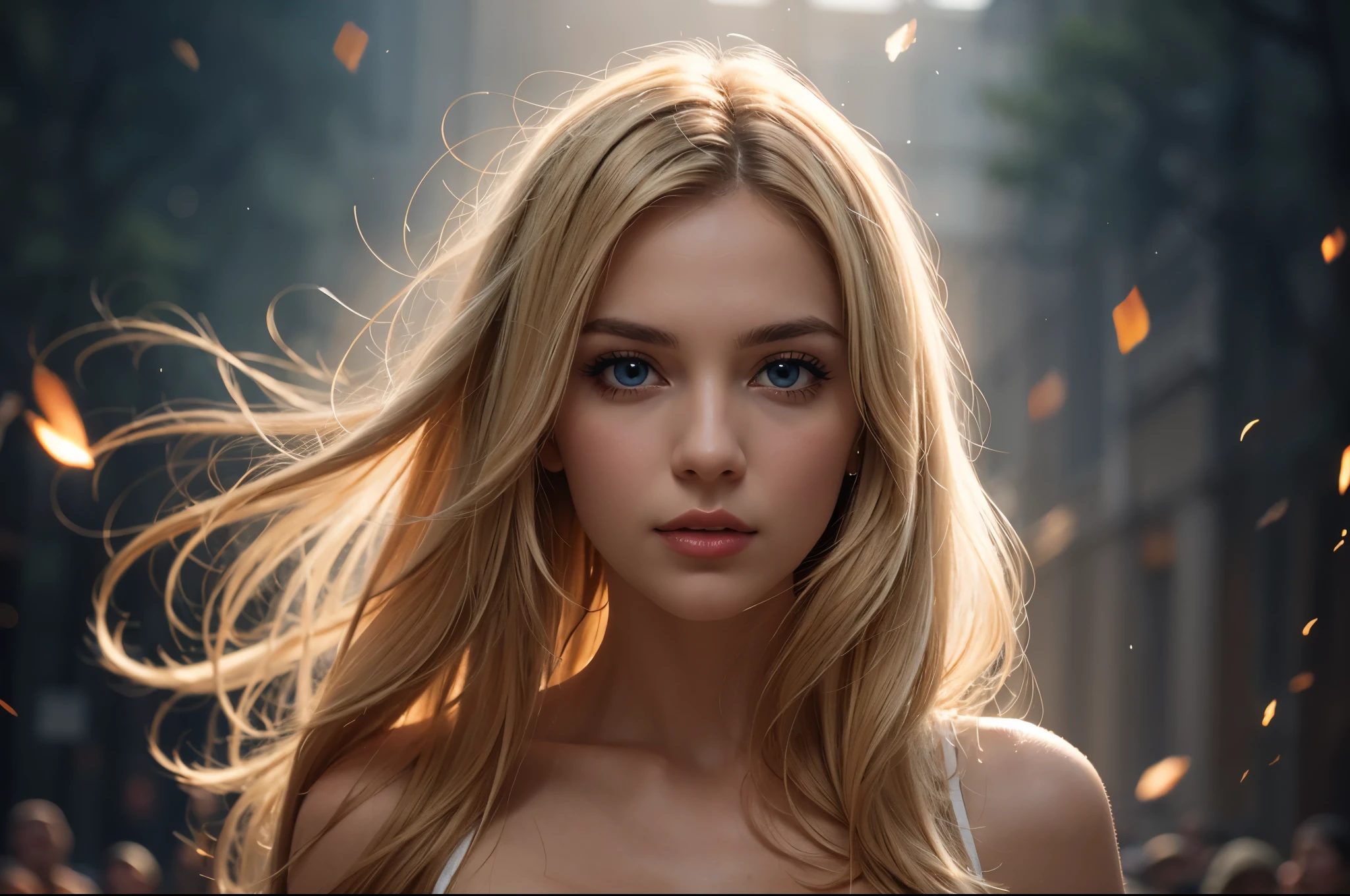 (Best quality,8k,high resolution,masterpiece:1.2)，Digital Artwork，A girl，Delicate face，Delicate eyes，Mi blonde hair，Long straight hair，shiny blue eyes，Red lips，particle，dust，Warm colors，shy，in love，Eevee drawing，Men&#39;s white collar shirt，necklace，Pretty Face，Large Breasts，more than_Body，Tyndall effect，lifelike，Dark Studio，(HD Skin:1.2)，8k Ultra HD，Soft Light，high quality，Edge lighting，Two-color lighting，Volumetric Lighting，frank，Professional photography，超high resolution，8k，Bokeh，Shallow depth of field，Film photos