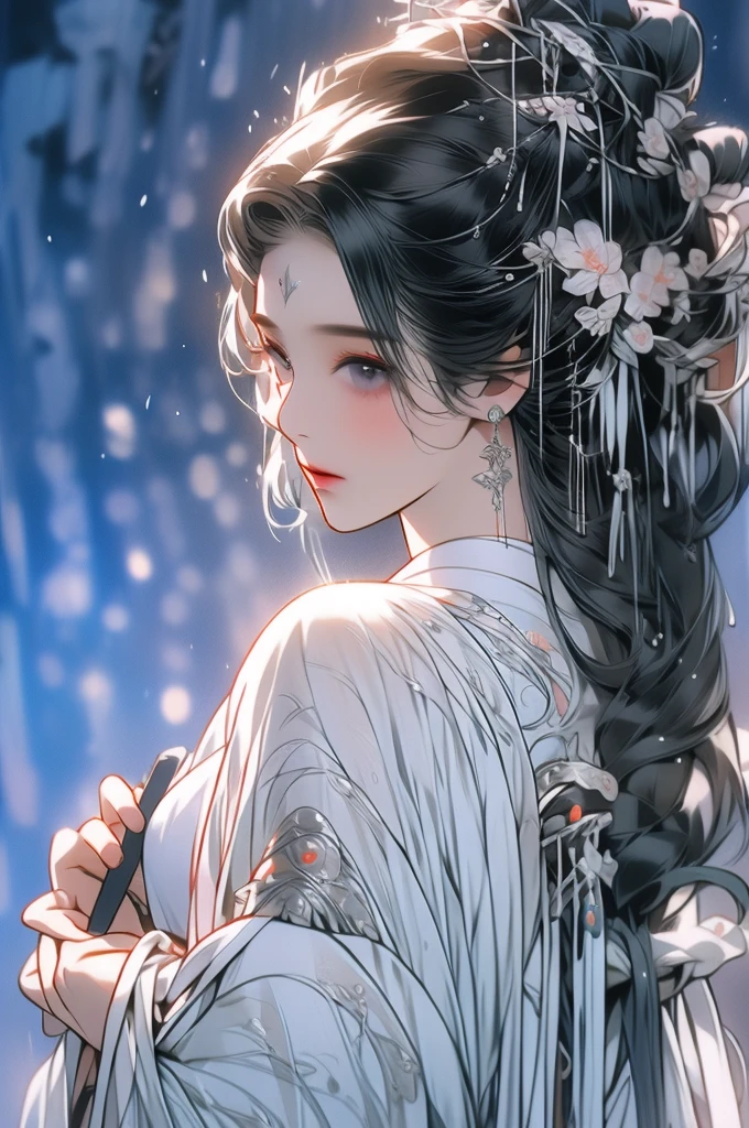 Black Hair, Immortal Cultivation, Royal sister, White Robe, hime cut, hair scrunchie, Romanticism, Gothic art, ray tracing, cinematic lighting, first-person view, Sony FE GM, anatomically correct, masterpiece