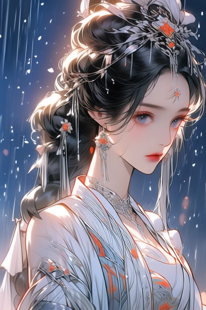 Black Hair, Immortal Cultivation, Royal sister, White Robe, hime cut, hair scrunchie, Romanticism, Gothic art, ray tracing, cinematic lighting, first-person view, Sony FE GM, anatomically correct, masterpiece