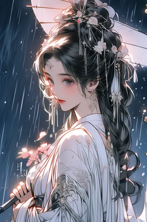 black hair, immortal cultivation, royal sister, white robe, hime cut, hair scrunchie, romanticism, gothic art, ray tracing, cine...