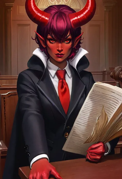 a picture of a female devil wearing barrister's wig and cloak in courtroom, a devilishly beautiful devil, ((anatomically correct...