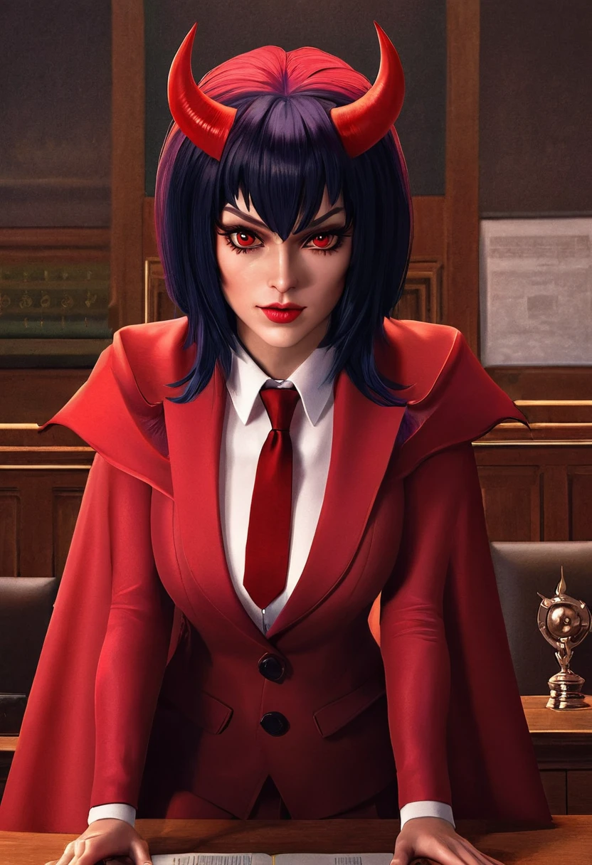 a picture of a female devil wearing barrister's wig and cloak in courtroom, a devilishly beautiful devil, ((anatomically correct: 1.5), (ultra detailed face: 1.2), best detailed face, (red skin: 1.3), two black horns, wearing white button shirt, red tie, English barrister's wig, vibrant, Hyperrealism style, vibrant, Ultra-high resolution, High Contrast, (masterpiece:1.5), highest quality, Best aesthetics), best details, best quality, highres, ultra wide angle, 16k, [ultra detailed], masterpiece, best quality, (extremely detailed) RAW,  photograph, Hyperrealism style