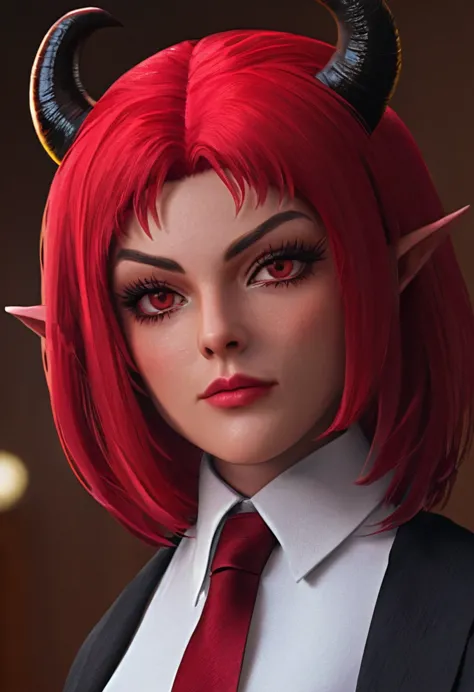 a picture of a female devil wearing barrister's wig and cloak in courtroom, a devilishly beautiful devil, ((anatomically correct...