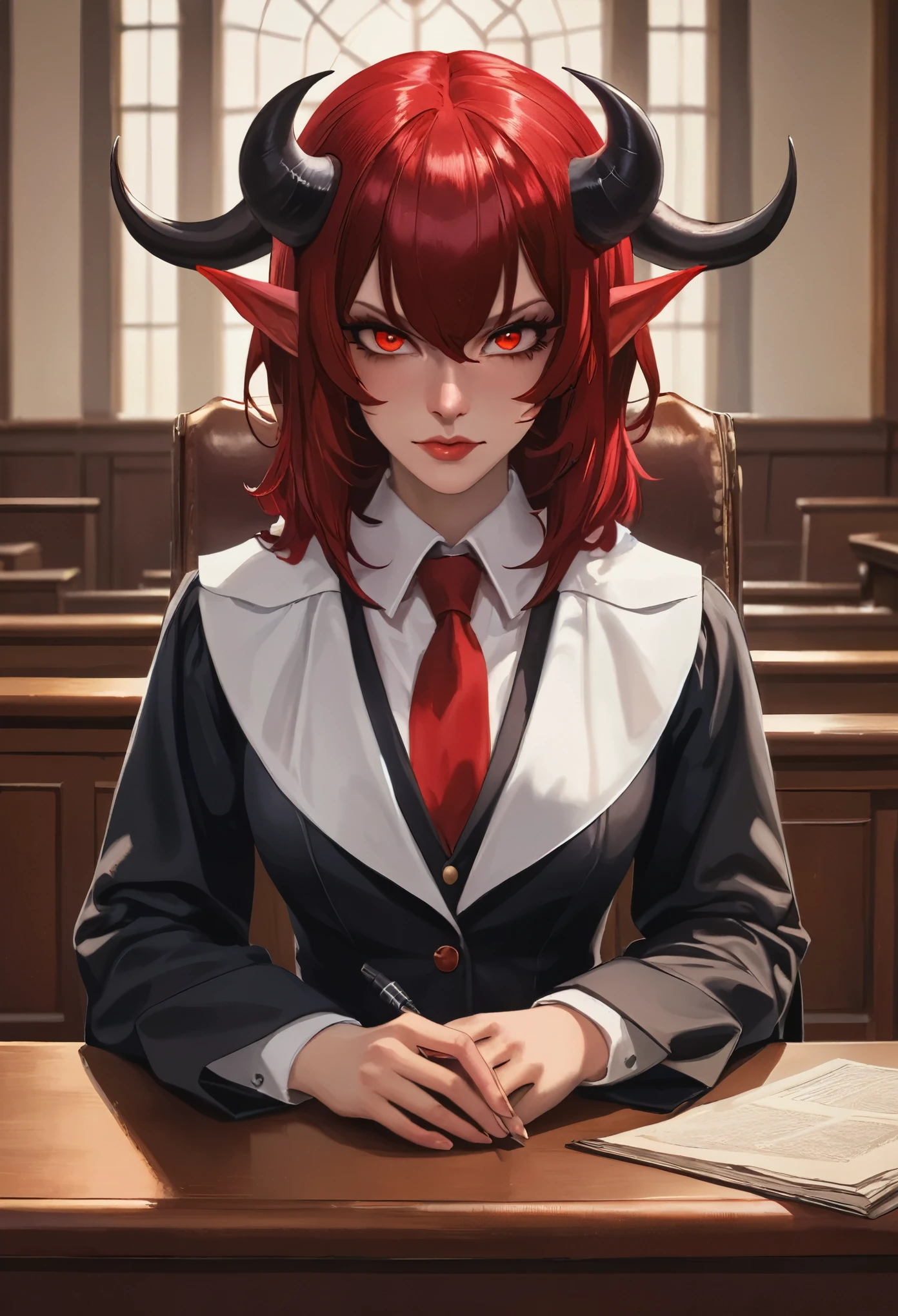 una imagen de una diabla con peluca y capa de abogado en la sala del tribunal, un diablo diabólicamente hermoso, ((anatómicamente correcto: 1.5), (cara ultra detallada: 1.2), mejor cara detallada, (piel roja: 1.3), Dos cuernos negros, con camisa blanca con botones, corbata roja, Peluca de abogado inglés., 