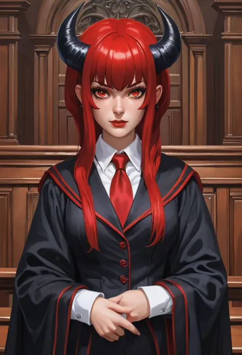 a picture of a female devil wearing barrister's wig and cloak in courtroom, a devilishly beautiful devil, ((anatomically correct...