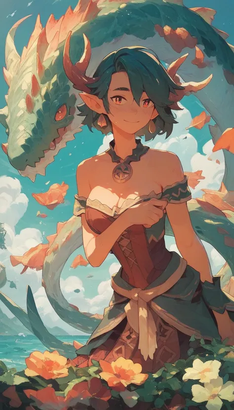 best quality, super detailed illustration, warm colors, perfect lighting, perfect detail ,cute sea monster girl