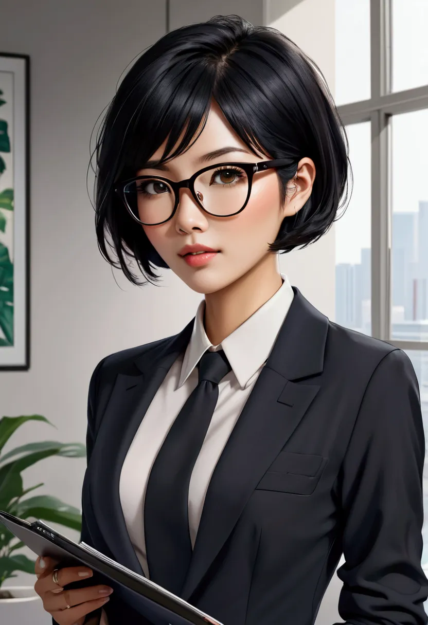 short black hair, glasses, business woman, asian