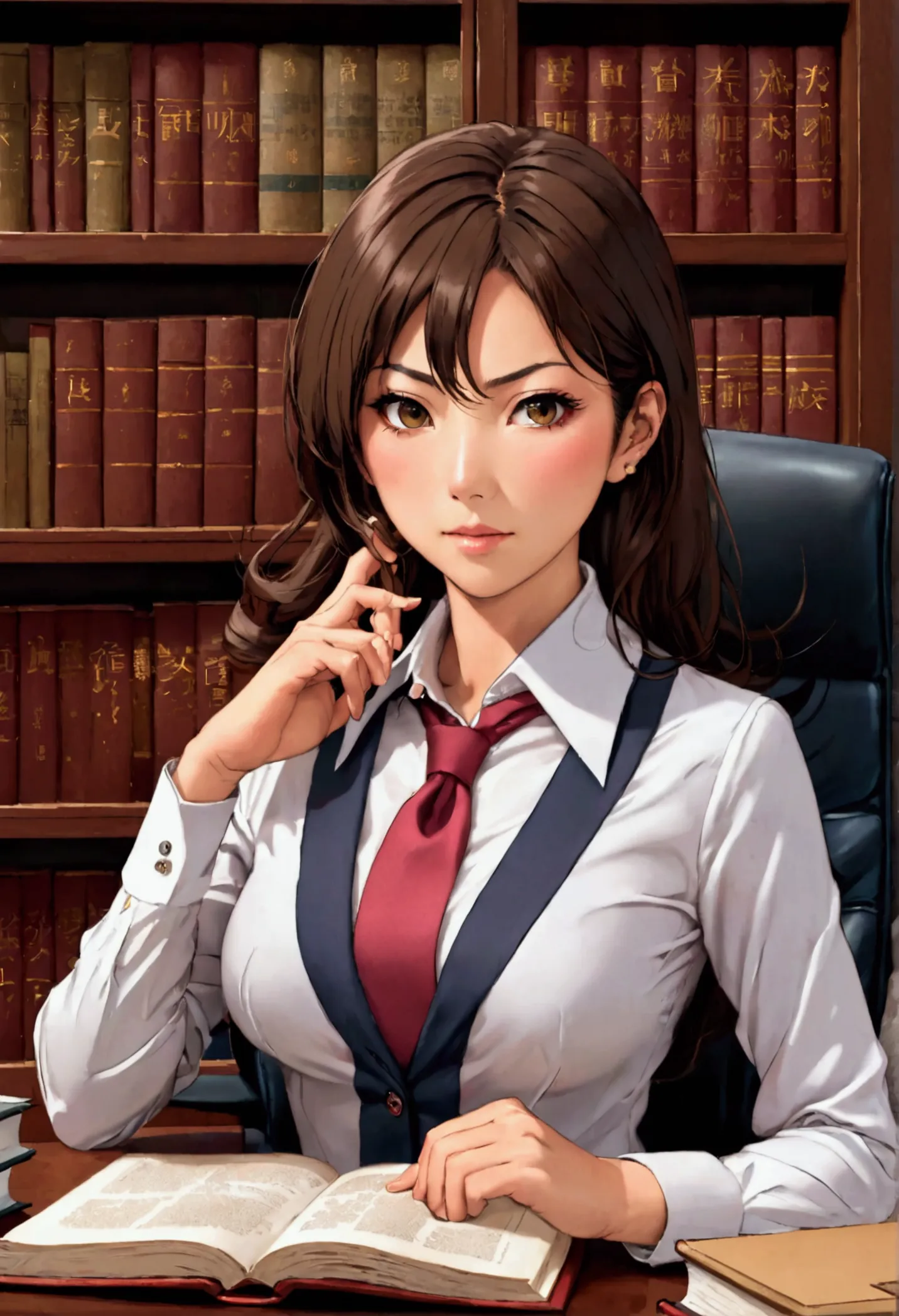 japanese female lawyer, gigantic breasts, business suits, tight skirt, cleavage:-2, (buttoned shirts:1.3), law firm, she is sitt...