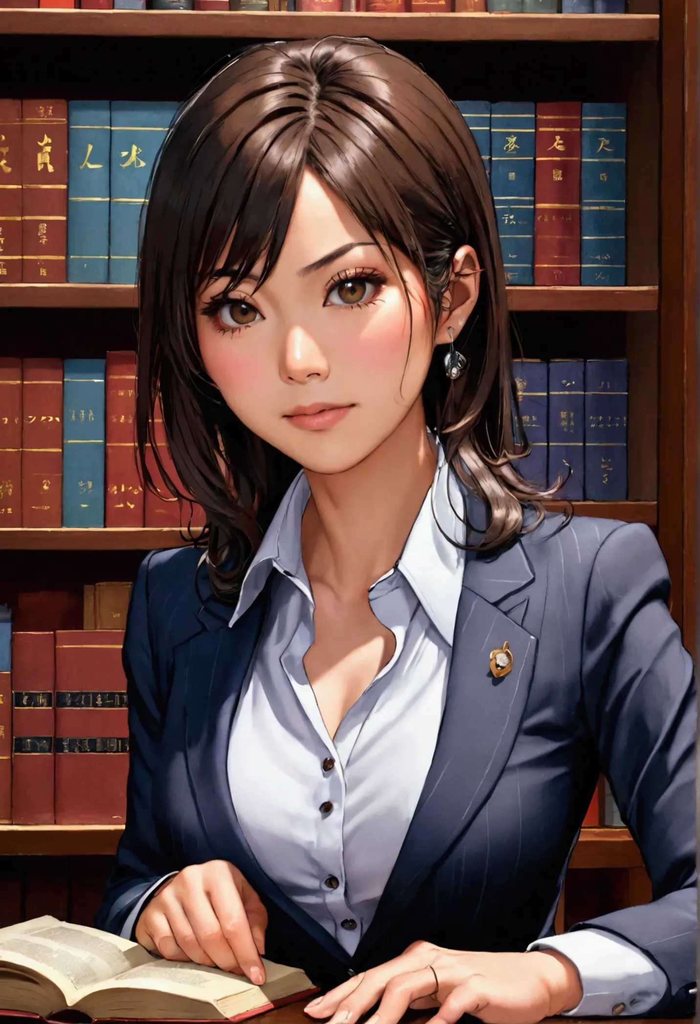 japanese female lawyer, gigantic breasts, business suits, tight skirt, cleavage:-2, (buttoned shirts:1.3), law firm, she is sitt...