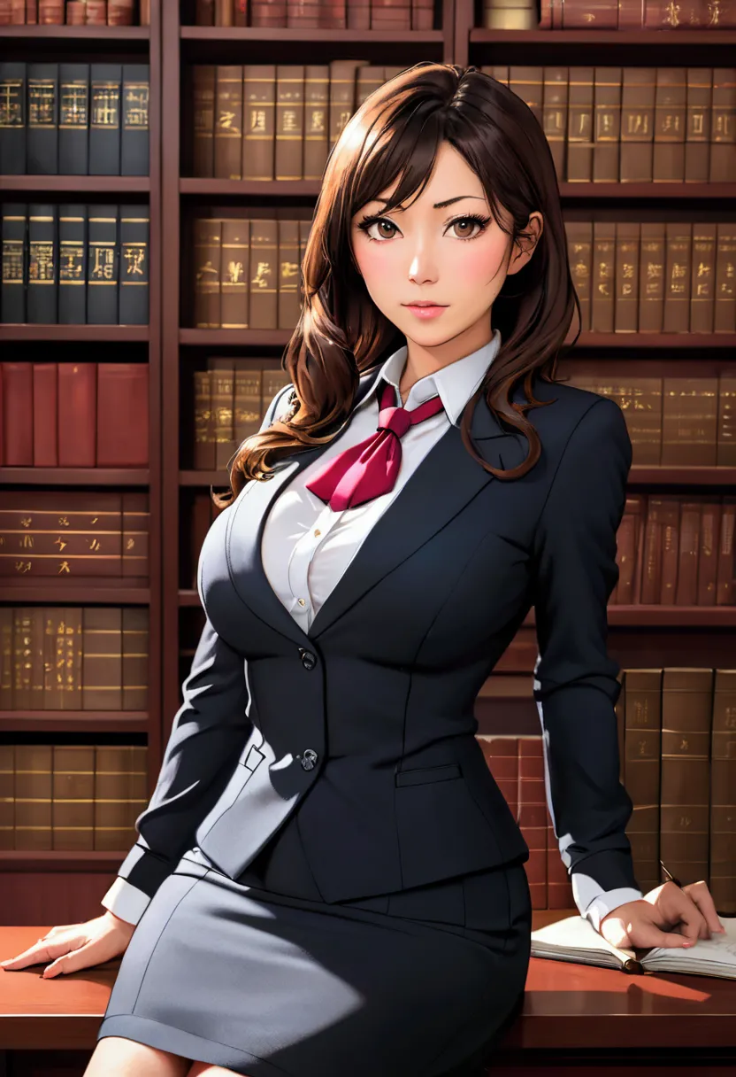 japanese female lawyer, gigantic breasts, business suits, tight skirt, cleavage:-2, (buttoned shirts:1.3), law firm, she is sitt...