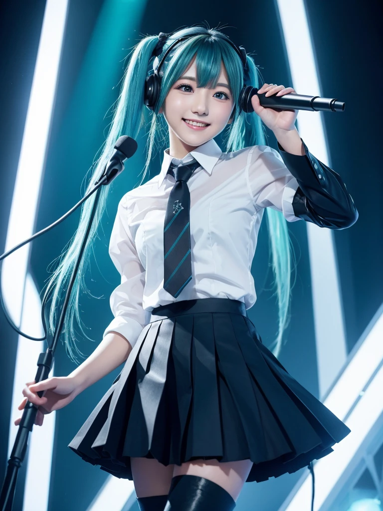  (Highest quality, 128K, masterpiece:1.55), Ultra detailed face, Detailed lips, Detailed eyes, double eyelid, 
BREAK (Happy smile), upper body, (Seductive pose:1.6),  (((Sing with a microphone))), Sing with your mouth open, 
BREAK 1girl, 18years old, Svelte Body,
BREAK miku hatsune, ahoge, aqua eyes, aqua hair, crossed bangs, hair between eyes, hair ornament, headphones, long hair, twintails,
BREAK aqua tie, Black footwear, black skirt, black sleeves, boots, collared shirt, Removable sleeves, grey shirt, tie, pleated skirt, shirt, skirt, No sleeve, No sleeve shirt, thigh boots, tieピン,
BREAK Spotlight, Highly detailed background, Live Stage, Neon Light,