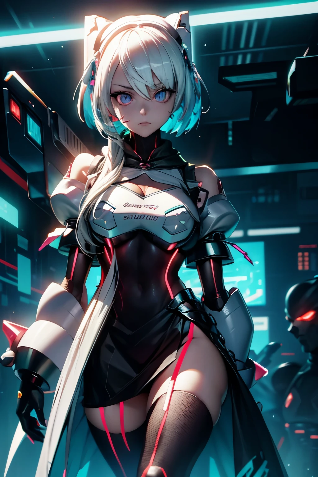 Android Girl,white hair,short and messy hair, purple neon eyes, Holding a chain whip,chains on the hands,chains action, chains around her arm, very cute, skirt, white blouse, cyberpunk style, eletronic gloves, mecanic parts, eletronic details,living room background.HD lighting and dark )(epic image quality) dark atmosphere with bright particle light(many effects in background), dinamic shot, robot, neon tweaks, cyberpunk theme