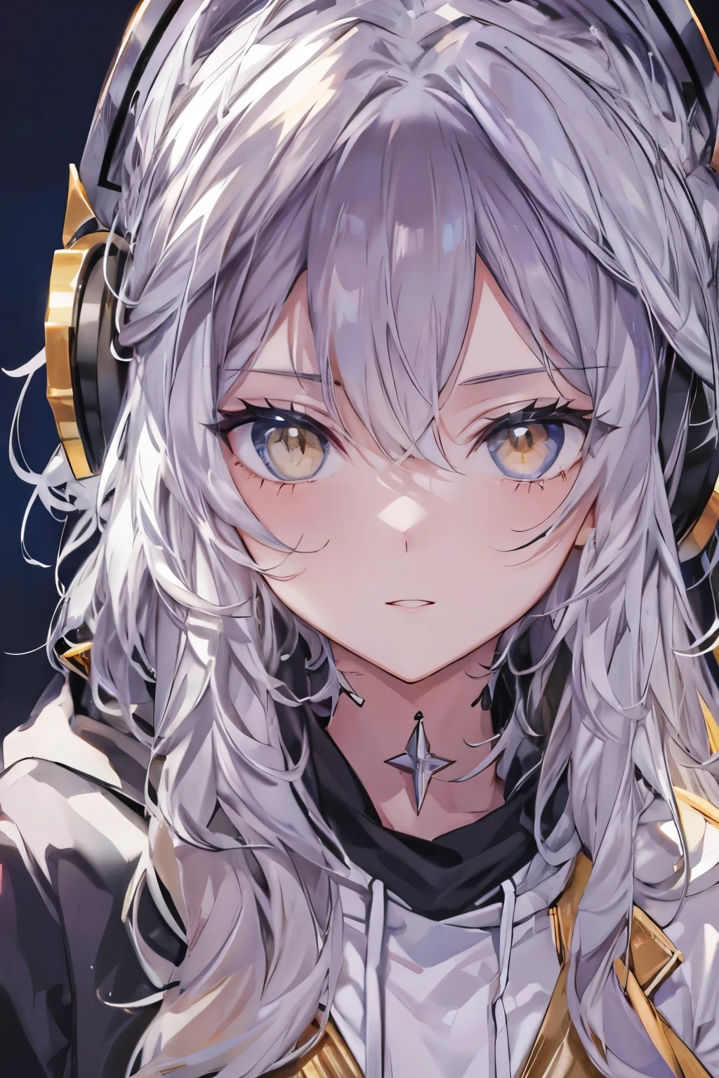 Golden Eyes、Woman using computer with big screen、Silver Hair、Semi-long hair、Put on some cool headphones,{{{{{{{{ Black hoodie oversized }}}}}}}},beautiful and delicate Golden Eyes,thought,Black clothes,
