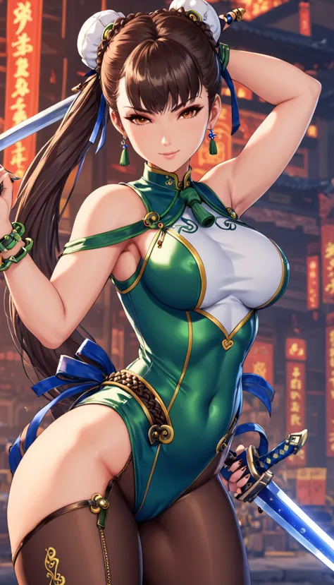 eve wearing chun li's costume, stellar blade, large breast, thick thighs, curvy body,1girl,solo,heavy makeup,cute,earrings,ring ...