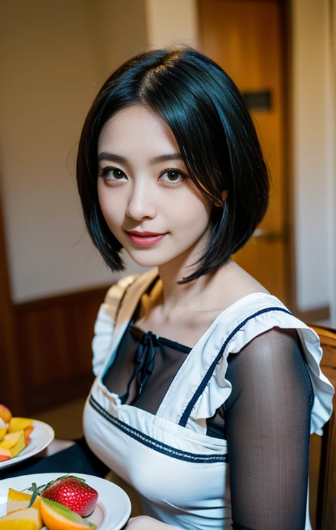 (A gorgeous lady, 28yo, in cafe shop, a waitress bringing a plate of peach to the table, beautiful detailed face, feminine feel, gentle face, friendly & kind smile, detailed eyes, beautiful detailed lips, extremely detailed eyes & face, long eyelashes, stylish bob haircut, healthy figure, modest bosom, Gothic Lolita semi-costume, maid costume, strawberry designs image, silky clothes that are mainly white, flesh-colored pantyhose, high-heels, SFW, Family-friendly, (best quality,4k,8k,highres,masterpiece:1.2),ultra-detailed,(realistic,photorealistic,photo-realistic:1.37),HDR,UHD,studio lighting,ultra-fine painting,sharp focus,physically-based rendering,extreme detail description,professional,vivid colors,bokeh,portraits,photography)