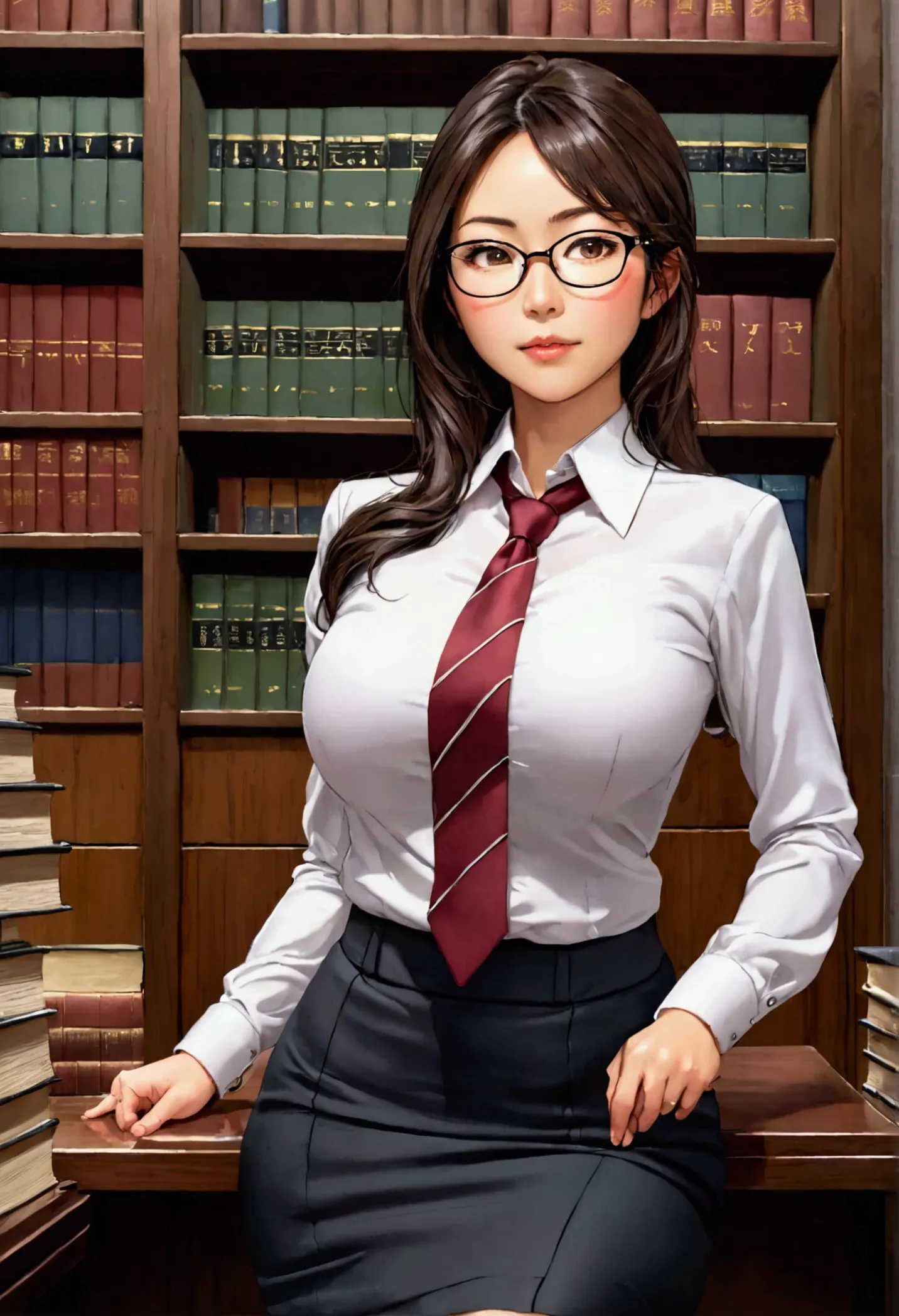 japanese female lawyer, gigantic breasts, business suits, tight skirt, cleavage:-2, (buttoned shirts:1.3), law firm, she is sitt...