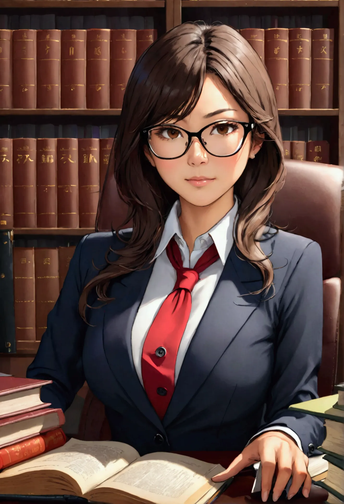 japanese female lawyer, gigantic breasts, business suits, tight skirt, cleavage:-2, (buttoned shirts:1.3), law firm, she is sitt...