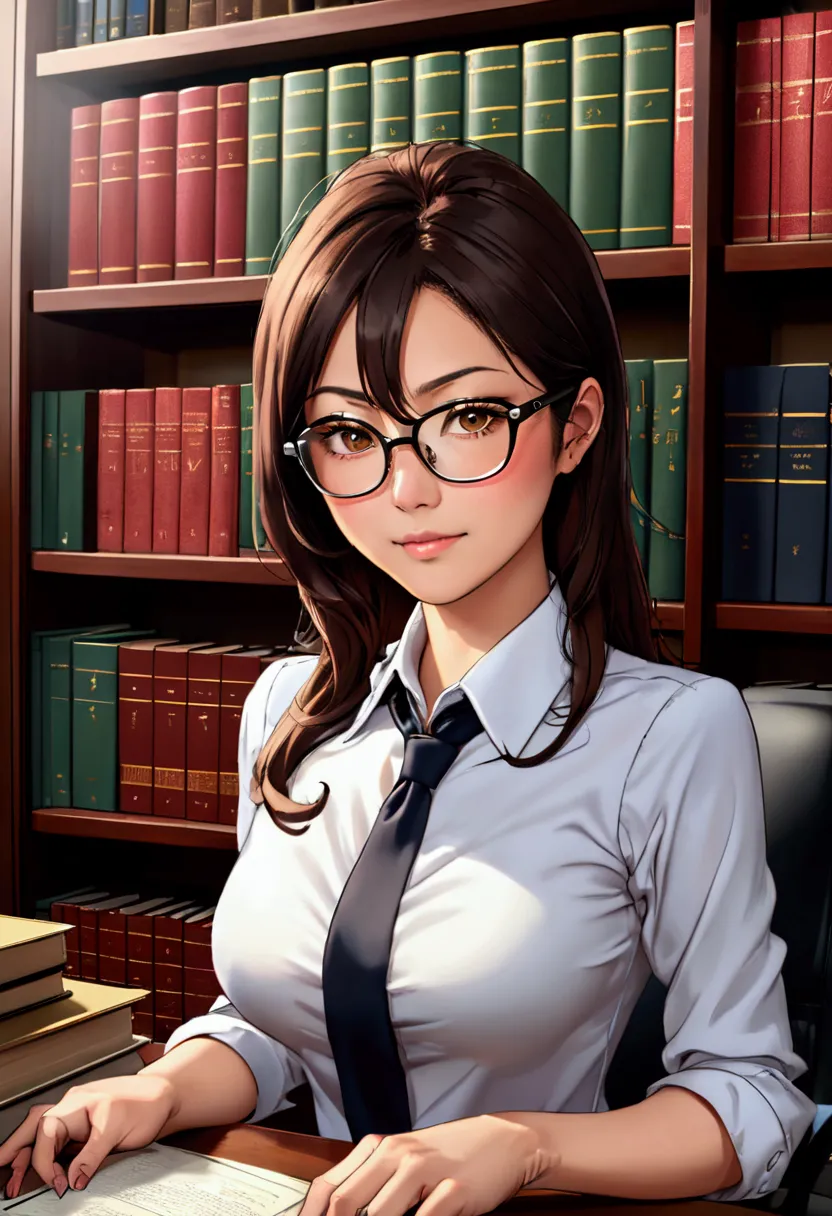 japanese female lawyer, gigantic breasts, business suits, tight skirt, cleavage:-2, (buttoned shirts:1.3), law firm, she is sitt...