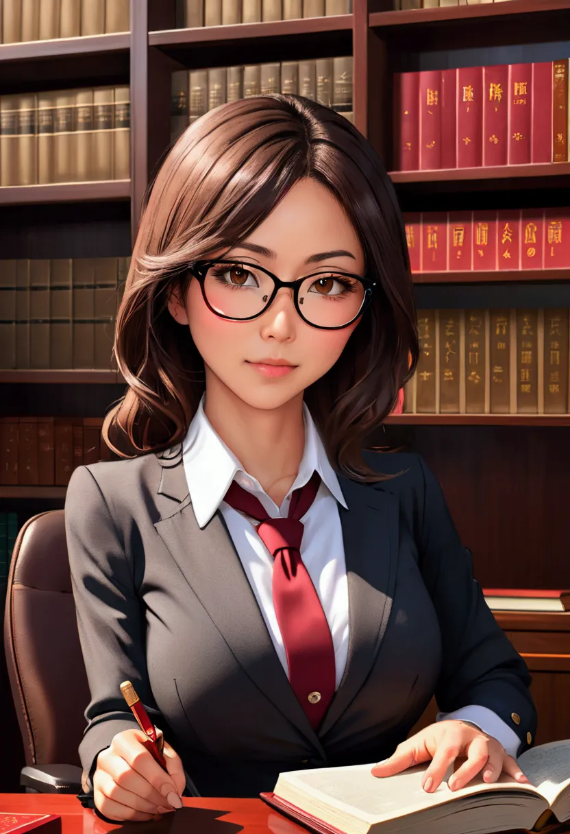 japanese female lawyer, gigantic breasts, business suits, tight skirt, cleavage:-2, (buttoned shirts:1.3), law firm, she is sitt...