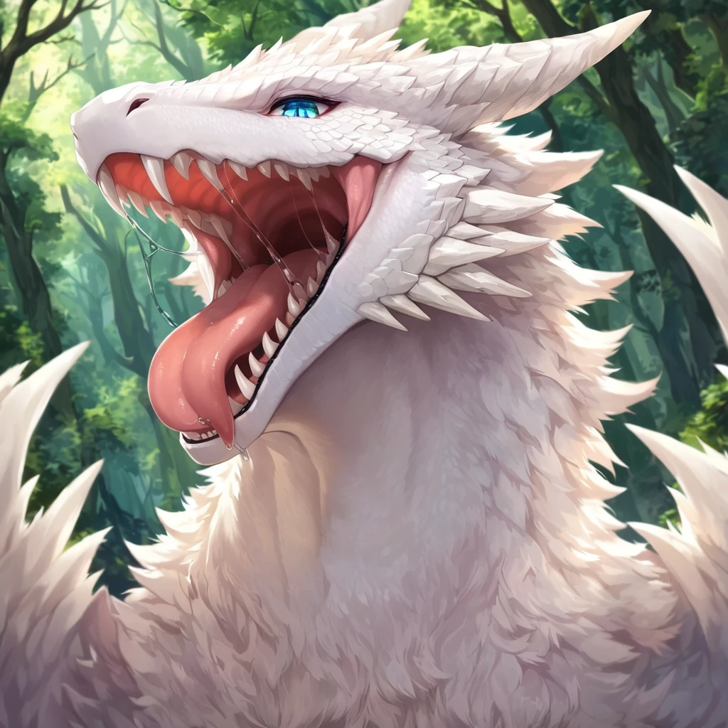 masterpiece, Highest quality, Highest quality, Ultra-high resolution, Detailed Background(Very beautiful face and eyes), Perfect Anatomy(kemono),( Fluffy wingless white dragon,Black nails:1.3,),forest,(Sticking out tongue:1.3,saliva:1.3,),solo,Gaze,smile,