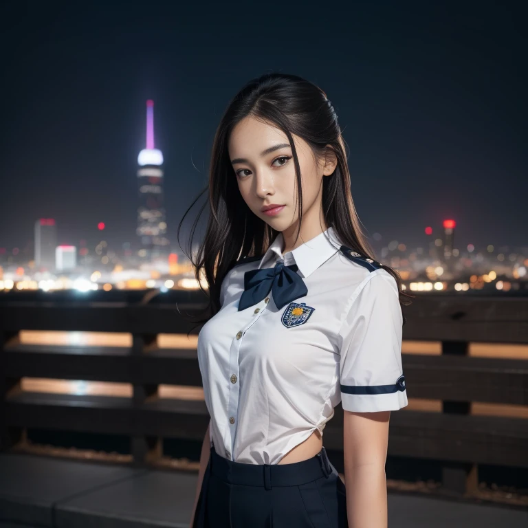 1girl, (uniform), standing, outdoors, night view, detailed metropolitan city at the background, detailed face, little smile, det...