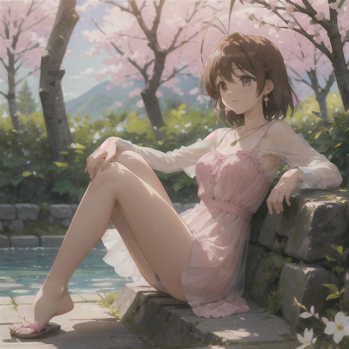 detailed illustration, masterpiece, natural lighting, midday, digital artwork, extremely detailed, cute dress, extremely detailed clothes, forest background, bushes, cherry trees, noon, dusk, spring, fall, natural lighting, girl, perfect anatomy, detailed eyes, blush, small breasts, messy hair, necklace, earrings, legs in pool, wet legs, a lot of small clouds, sitting on rock, pink leaves on ground, mountains in the back, furukawa_nagisa_clannad, sheer dress, can see pink under wear, play ukalele