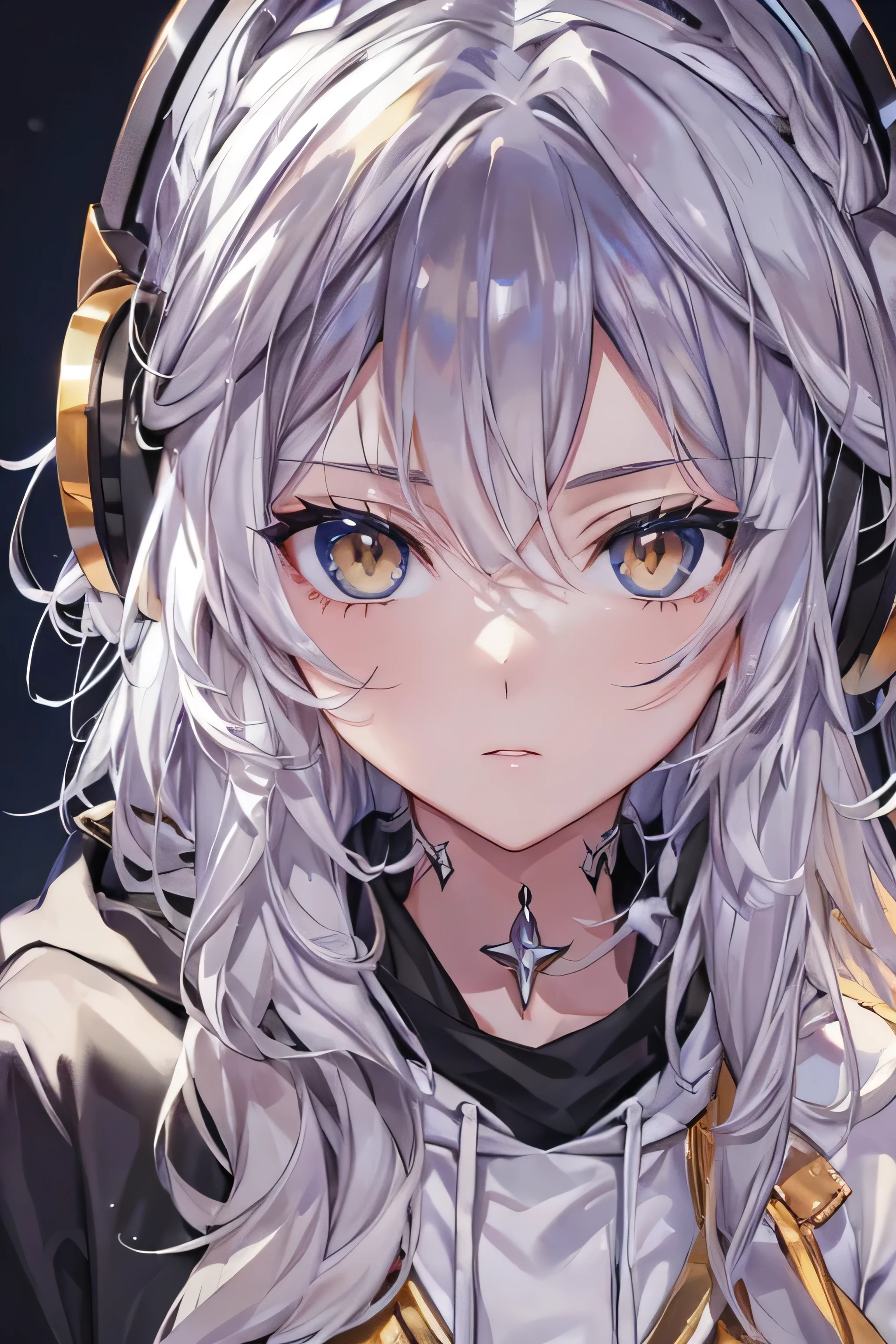 Golden Eyes、Woman using computer with big screen、Silver Hair、Semi-long hair、Put on some cool headphones,{{{{{{{{ Black hoodie oversized }}}}}}}},beautiful and delicate Golden Eyes,thought,Black clothes,
