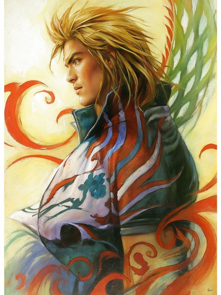 une peinture d&#39;un homme avec des cheveux longs et une épée, Bastien Yoshitaka Amano, fan art de final fantasy, par amano, Amano Yoshitaka, Style Yoshitaka Amano, style de Yoshitaka Amano, inspiré de Yoshitaka Amano, Yoshitaka Amano Greg Rutkowski