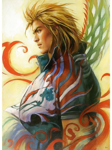 une peinture d&#39;un homme avec des cheveux longs et une épée, bastien yoshitaka amano, fan art de final fantasy, par amano, am...