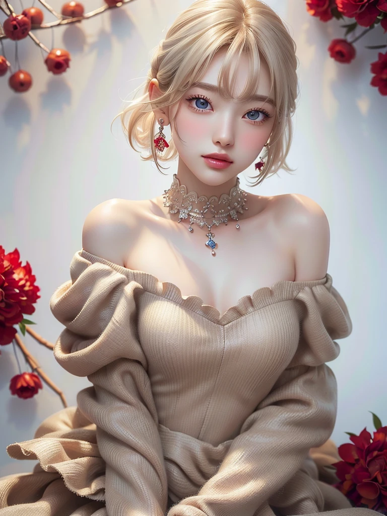 8k,Confused, High resolution, Very detailed, 1 girl, alone, Very beautiful eyes, Ultra-precise depiction, Artistic、Very detailed depiction, (Tangled:1.2), , (White high key background:1.5), (((Red off-shoulder dress 1.5))), 、 short hair、Earrings and Necklaces、Platinum Blonde Hair, (Glowing Skin), Many colors, , (Shooting from above:1.2),、Flat Body、slim、cute、、Round face、Cast a Shadow、、Smile 1.3