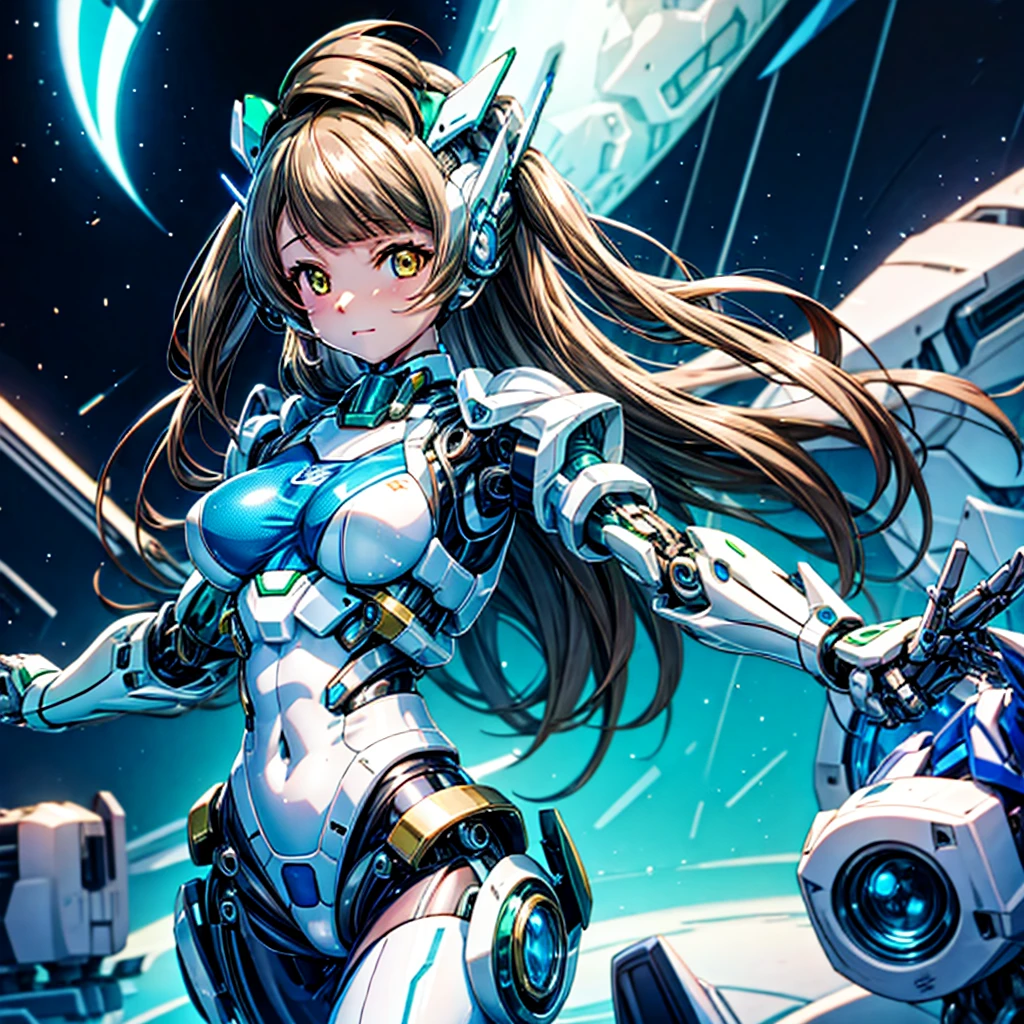 masterpiece, high quality, During the surgery to convert the machine、Minami Kotori, who has been turned into a mechanical body cyborg、Surgery to convert to a gynoid cyborg body with exposed mechanical parts、Blue and white leotard-type mechanical armor、The whole body from the neck down is precision-machined.、Single image、Full-body shot from the front