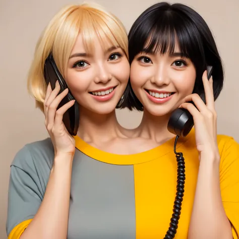 Best resolution, 2heads, korean woman with two heads, blonde, black hair, holding smartphone and telephone, different faces, 