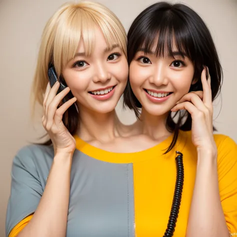 Best resolution, 2heads, korean woman with two heads, blonde, black hair, holding smartphone and telephone, different faces, 