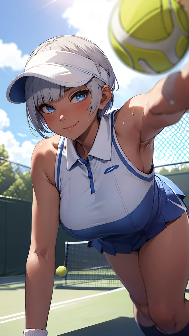 1 Girl、Beautiful silver hair、((((Very short hair))))、Blue eyes、(blue visor)、((Blunt bangs)), 22 years old, ((Tennis uniform)), sleeveless, (tsurime), Tight waist、smile、((panties)), Holding a tennis ball、sexy pose、(Stick your butt out、Leaning forward:1.1)、At the tennis event venue、A large crowd gathers、Sweat、Dynamic Angle、Lens flare、Shallow depth of field