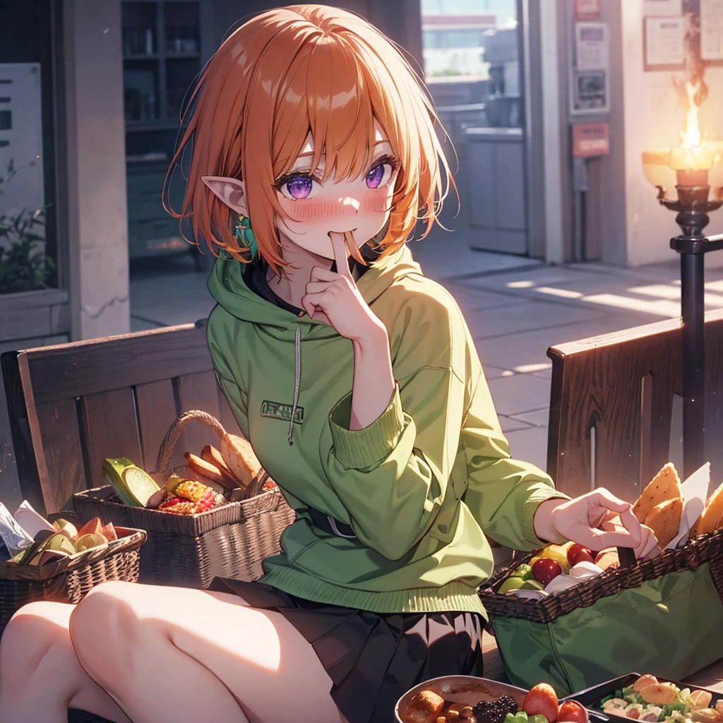 Table Party, (Remember,Food on the table:1.3),(picnic:1.3),Basket on the table, Elf Ears, Highest quality,Best image quality,Perfect Anatomy,masterpiece,Very detailedな,beautiful,super high quality, Highest quality,High resolution, Very detailed,Game CG,Dutch Angle ,beautiful細部までこだわった目,Visual Arts,Five Fingers, Perfect hands,Hide your hands, {{{One Girl}}}, beautiful詳細な女の子, Game CG, Spring flower, One curl on the outside, Short Bob Hair, Pastel orange hair, Purple eyes,Stylish accessories solo, Breast augmentation, Medium Shot, woman, Take-out, Laughter, Huge ,,Pastel green checkered mini skirt,Black Knee High, {{{{{Wearing a pastel green hoodie}}}}},Open your mouth, wonderful, beautiful細部までこだわった目, Highest quality, Very delicate,Masseter region,Highest quality,(Official Art、Highest quality、unity 8k wallpaper、32K、masterpiece、Very detailedな、超High resolution、Realistic、Realistic:1.2)、(Cinema Lighting:1.2)、Fire glow effect、The most grainy shadows on the film、Side light、Side Shot、(Very detailedなで複雑な3Dレンダリング)、Atelier Series,