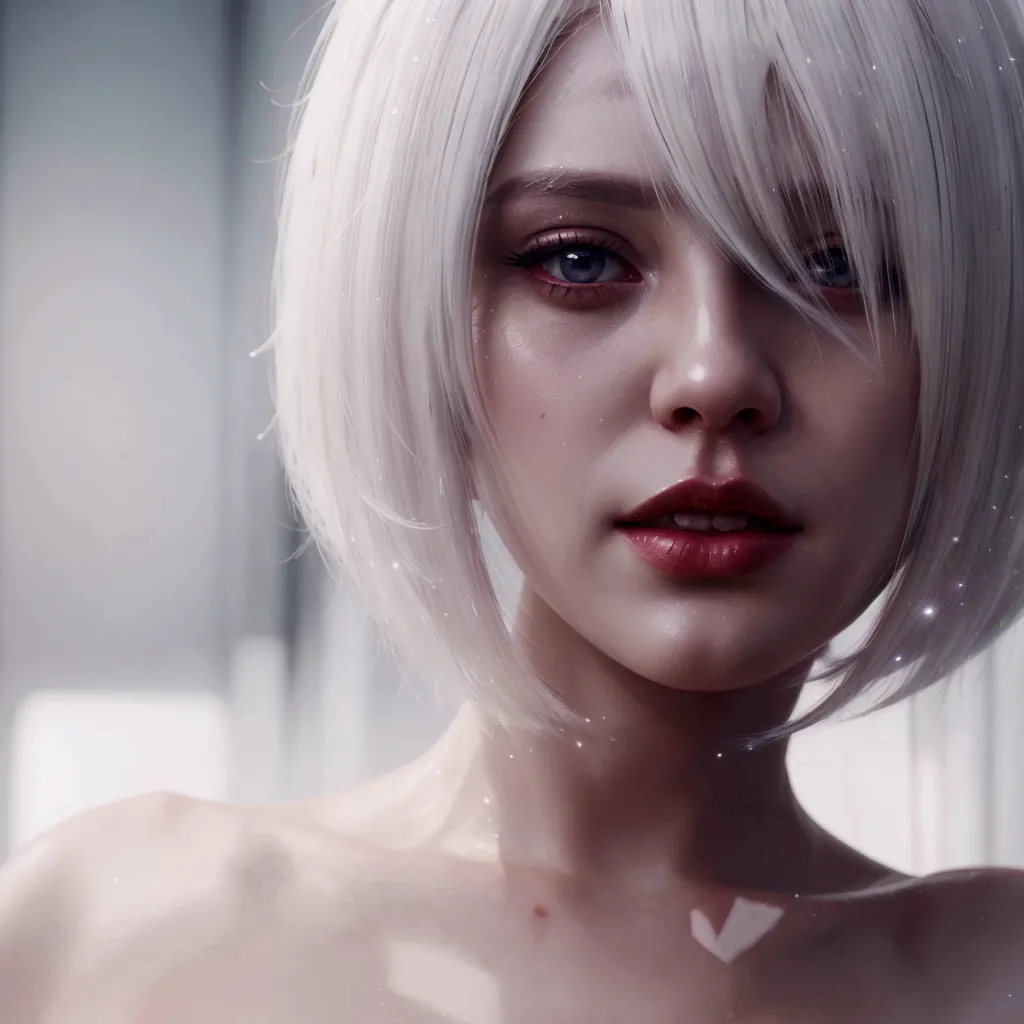 there is a woman with white hair and red lipstick., realistic digital art 4k, realistic digital art 4k, girl with short white ha...