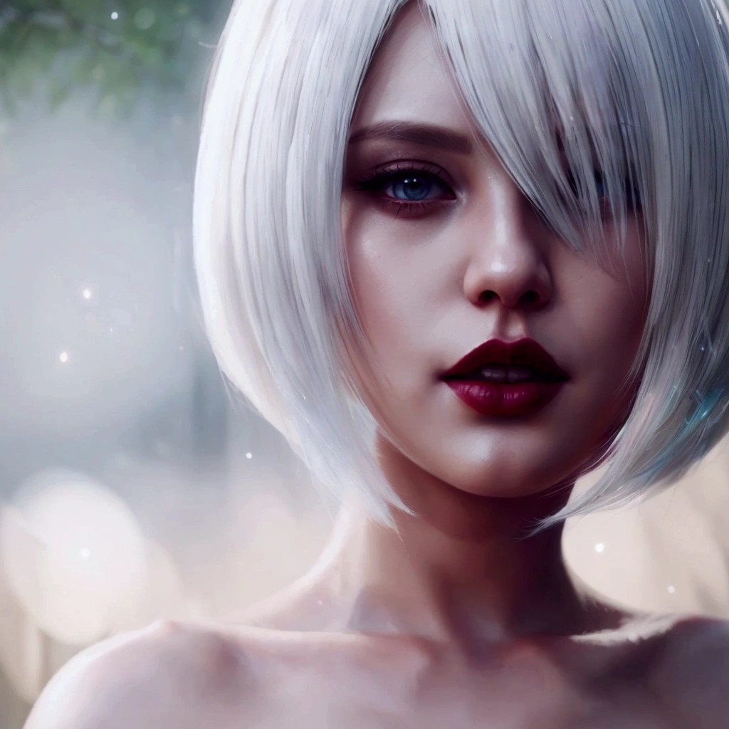 There is a woman with white hair and red lipstick., Realistic Digital Art 4K, Realistic Digital Art 4K, Girl with short white hair, Stunning Anime Face Portraits, Digital Fantasy Portrait, [ 4k digital art ]!!, Stunning digital painting, Highly detailed digital art in 4K, White Haired Girl, Elegant digital painting, Gorgeous digital painting, Realistic art style