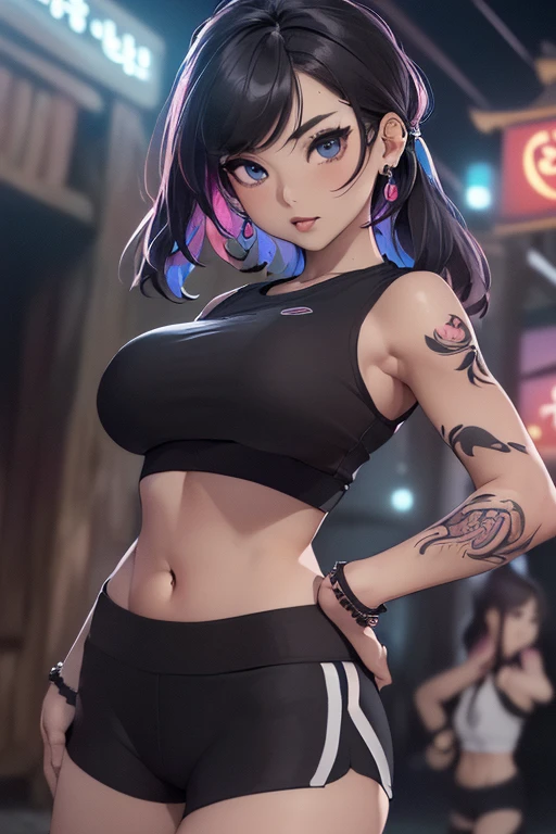  ((masterpiece, best quality, perfect eyes, perfect face, perfect anatomy, perfect lighting, high detail ((feudal Korean villager)), ((Busty Bitches))1girl(1 girl)))     ((ecchi chibi girl, (g string, sports bra, black tight shorts ,  bracelets, tattoo of Korean characters, colourful jewellery, dark magic)). (Night street in Asian village, mystical)