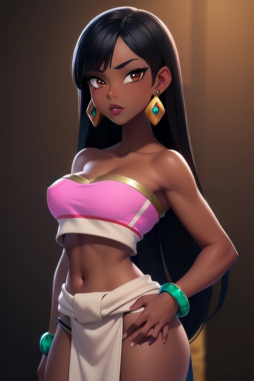 ((ultra quality)), ((masterpiece)), Chel, ((black-haired long hair)), (Beautiful face), (beautiful female lips), (), charming, ((sexy facial expression)), looks at the camera, (dark skin color), (dark skin), glare on the body, ((Detailed eyes)), ((Hazel eyes)), (juicy female lips), (brown lips), (dark eyeliner), (beautiful female hands), ((ideal female figure)), ideal female body, beautiful waist, beautiful hips, medium breasts, ((subtle and beautiful)), stands seductively, (Wearing: tube top, loincloth, emerald bracelet's and golden earrings:1.2), background: stone temple, ((depth of field)), ((high quality clear image)), (clear details), ((high detail)), realistically, professional photo session, ((Clear Focus))
