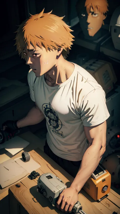 Very detailed HD-8K photo quality of an anime character named "DEJI CHAINSAW MAN" IN A WHITE SHIRT with a robot head that resemb...