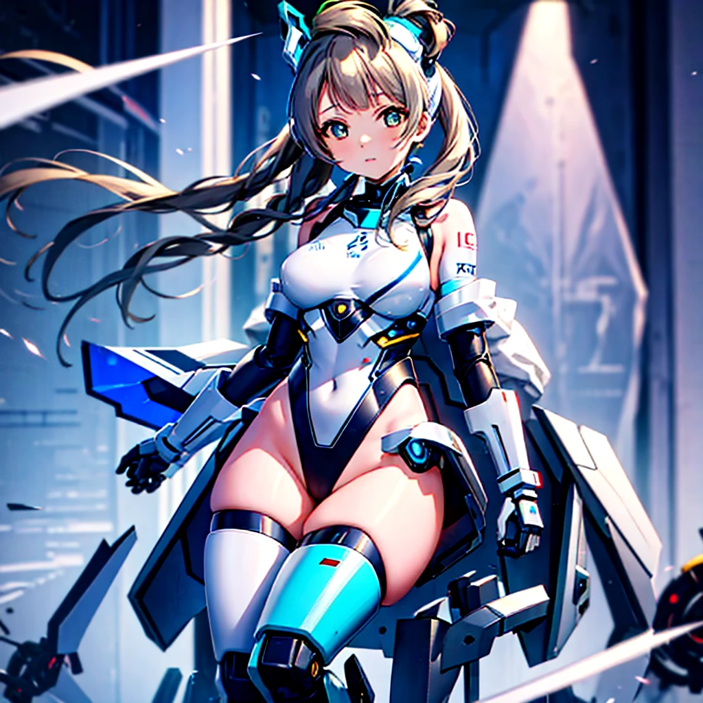 masterpiece, high quality, During the surgery to convert the machine、Minami Kotori, who has been turned into a mechanical body cyborg、Surgery to convert to a gynoid cyborg body with exposed mechanical parts、Blue and white leotard-type mechanical armor、The whole body from the neck down is precision-machined.、Single image、Full-body shot from the front